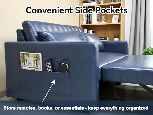 N NOORDENIYA 55'' Leather Sofa Bed, Pull Out Sleeper Sofa Couch Bed, Loveseat Sleeper, Futon Sofa Couch with Side Pocket, Convertible Sofa Bed for Living Room, Apartment, Bedroom, RV, Blue N NOORDENIYA
