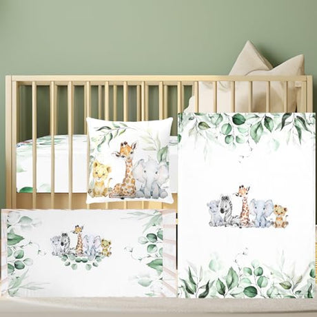 HunnmingRe Baby Safari Animals Crib Bedding Set 3 Pcs Crib Set Baby Blanket, Fitted Sheet, Pillowcase Soft Flannel Nursery Bedding for Standard Infant Bed and Toddler Mattress Newborns Gifts HunnmingRe