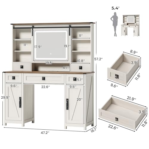 Farmhouse Makeup Vanity Desk with Sliding Mirror and Lights, 47.2" Big Vanity Table with Charging Station, Makeup Desk with 5 Drawers & 2 Cabinets, White