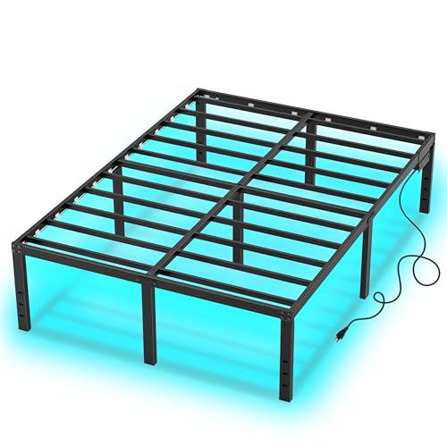 HusDream King Size Bed Frame King Platform Bed Frame with LED Lights 14 Inch Tall Mattress Base No Box Spring Needed Modern Beds with Charger Station,Anti-Sliding,Noisy Free (14 Inch, King) HusDream