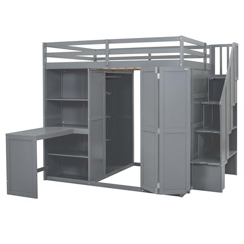 Harper & Bright Designs Full Size Loft Bed with Stairs and Desk, Wood Full Loft Bed with Wardrobe & Storage Shelves, Full Storage Bed for Kids Teens, Gray Harper & Bright Designs