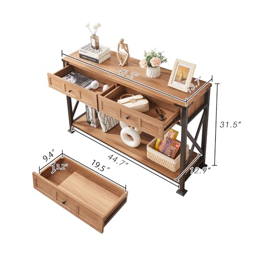 HOMBAZAAR Entryway Table,Rustic Console Table with 2 Drawers, Industrial Console Tables with Storage for Entryway, Hallway, Living Room,Brown,47 Inch HOMBAZAAR