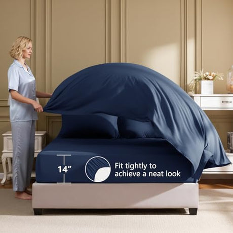 HIMEET Queen Comforter Set - 7 Pieces Bed in a Bag Queen Size, Luxury Comforter Set with Sheets for All Season, Bed Set with Comforter, Flat Sheet, Fitted Sheet, Pillowcases & Shams, Navy Blue HIMEET