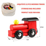 Joqutoys 12 PCS Wooden Train Cars, Train Toys Magnetic Set Includes 3 Engines and Storage Bag, Toy Train Sets for Kids Toddler Boys and Girls, Compatible with Major Brands Train Tracks Set Joqutoys