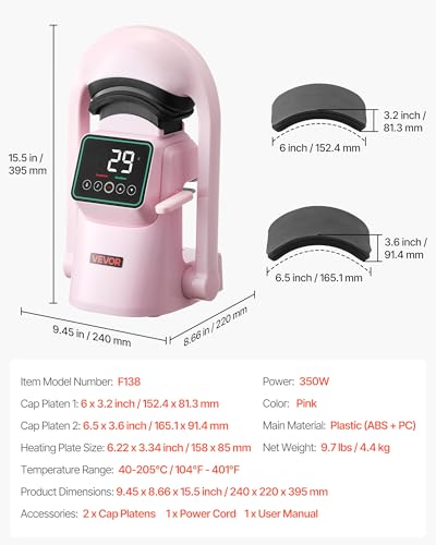VEVOR Auto Hat Heat Press Machine, with 2pcs Interchangeable Platens, Automatic Open and Release, Touchscreen for Precise Time and Temperature Control, Heat Transfer Printing for Caps, Hats, Pink VEVOR