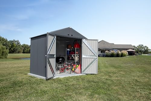 Arrow Shed Elite 8' x 6' Tall Outdoor Steel Storage Shed with High Gable and Lockable Doors Storage Building, Anthracite Arrow