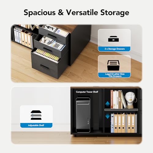 HUANUO L Shaped Standing Desk, Electric Executive Desk with Drawers, Adjustable Height Stand Up Desk, 55″ x 23.6″ One-Whole Piece Desktop, Home Office Computer Desk with 4 Memory Presets, Walnut HUANUO