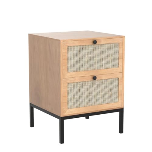 XIAO WEI Rattan Nightstand Set of 2 with Handmade Natural Rattan Drawers, Bedside Tables, End Table, Rattan Side Table, Boho Wood Nightstand, for Bedroom, Living Room, Metal Legs XIAO WEI