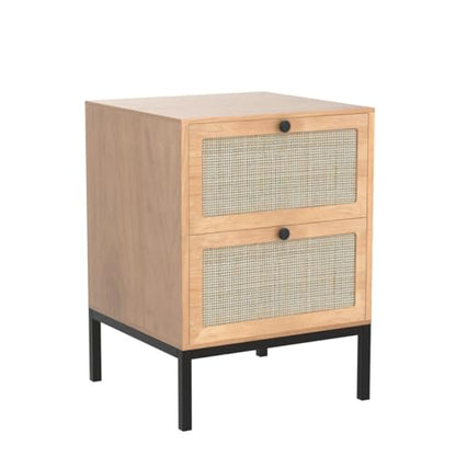 XIAO WEI Rattan Nightstand Set of 2 with Handmade Natural Rattan Drawers, Bedside Tables, End Table, Rattan Side Table, Boho Wood Nightstand, for Bedroom, Living Room, Metal Legs - WoodArtSupply