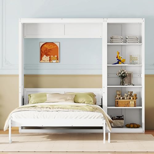 Harper & Bright Designs Queen Size Murphy Bed, Wooden Wall Bed with Shelves, White Harper & Bright Designs