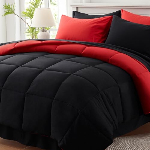 Anluoer Queen Comforter Set 7 Piece, Reversible Bed in a Bag Queen Size, Lightweight Bedding Set with 1 Comforter(88"*88"), 2 Pillow Shams, 2 Pillowcases, 1 Flat Sheet, 1 Fitted Sheet, Red & Black Anluoer