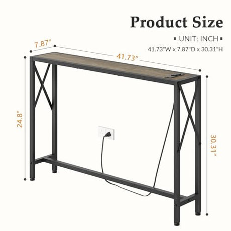Gewudraw 41.7" Console Table, Narrow Behind The Couch Table with Outlet, Industrial Skinny Sofa Table for Hallway, Entryway, Living Room,Walnut Gewudraw