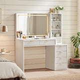 LEYAOYAO Vanity Desk with Mirror and Lights, 43.5'' Fluted Makeup Vanity with 6 Drawers and Adjustable Shelves, Wood TC Make Up Vanity Dressing Table with Glass Top and Power Outlet for Bedroom LEYAOYAO