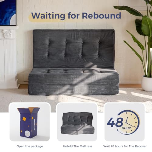 MAXYOYO Tri-Fold Mattress, 6 Inch Tufted Folding Futon Foam Bed, Foldable Floor Mattress Guest Bed Futon Topper Portable Camping Sleeping with Corded Fabric, Dark Grey, 59"x79" MAXYOYO