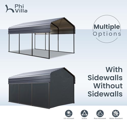 PHI VILLA 10 x 15 ft Heavy Duty Carport with Galvanized Steel Roof Multi-Use Shelter, Sturdy Metal Carport for Cars, Boats, and Tractors PHI VILLA