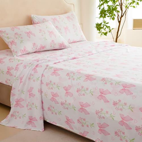 Jolusere Bow Sheet Set Full for Girls Kids Pink Floral Fitted Sheet Set Soft Microfiber Fitted Flat Sheets & Pillowcases - Princess Style Bowknot Bedding Sets Toddlers 4 Pieces Cute Sweet Bed Set Jolusere