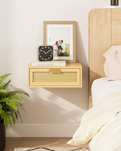 Aienvey Floating Nightstand, Floating Shelf with Drawer, Wall Mounted Nightstand, Floating Bedside Table (Oak Rattan) Aienvey