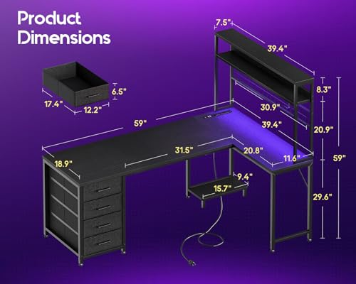 AODK L Shaped Gaming Desk with 4 Drawers, 59" Reversible Computer Desk with Hutch and Shelves, Gamer Desk with LED Lights, Power Outlets, Home Office Corner Desk with Gird Pegboard, Black AODK