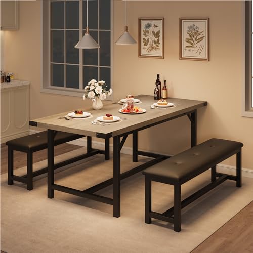 Garvee 63 in Extendable Dining Table Set for 4-6 People, 3-Piece Kitchen Table Set with 2 Upholstered Benches, Farmhouse Dining Room Table Set for Kitchen, Living Room, Apartment, Gray Garvee