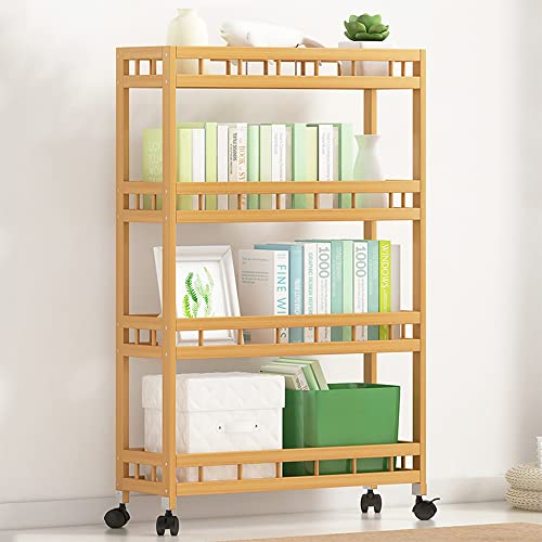 TIE-DailyNec 4-Tier Bamboo Kitchen Rolling Cart Removable Wood Trolley Island Cart, Utility Cart Multi-Layer Storage Shelf Rack on Wheels (23.6" L X 7.1" W X 37.8" H) TIE-DailyNec