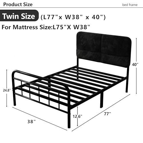 Easllre 14Inch Metal Bed Frame,Twin Size Bed Frame with Upholstered Headboard,Heavy Duty Sturdy Mattress Foundation,Easy Assembly,No Box Spring Needed,Black-Twin Easllre