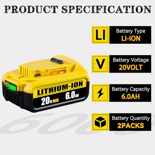 DCB200 6.0Ah 2Pack Battery Replacement for Dewalt 20V Max Battery Lithium Ion Compatible with Dewalt Battery DCB204 DCB206 DCB201 DCB203 DCD DCF DCG Series Cordless Power Tools WoodArtSupply