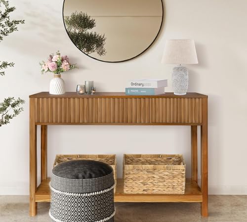 Fluted Console Table with Storage, 48" Long Entryway Slim Sofa Table Behind Couch Entry Tables, Narrow Wood Hallway Modern Living Room Couch Foyer Entrance Tables Brown ZYBT