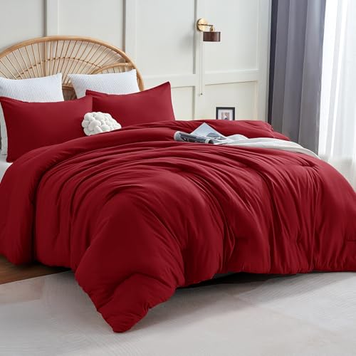 CozyLux Queen Comforter Set Dark Red, 3 Pieces Solid Queen Comforter Breathable Quilted Style Bedding Sets, Luxury Soft Bed Set with Down Alternative Comforter All Season (1 Comforter & 2 Pillowcases) CozyLux