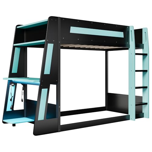 Twin Over Twin Gaming Bunk Bed with Desk and USB and LED Light, Twin Size Wooden Loft Bed Frame with Storage Shelves, Ladder, for Kids Boys Teens Adults, Space Saving (Black+Blue) Harper & Bright Designs