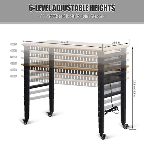 48" Adjustable Workbench with Power Outlets - 2000 LBS Load Capacity, Rubber Wood Top, 6-Level Height Adjustment (26.3" to 35.8") - Heavy-Duty Work Table for Workshop, Garage, Home Yoloyakidra