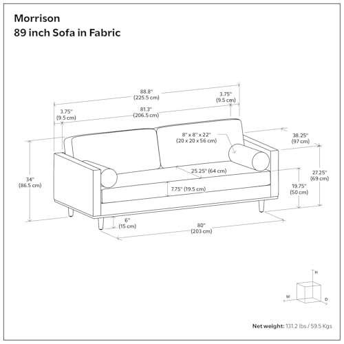 SIMPLIHOME Morrison 89-inch Wide Sofa in Charcoal Grey Woven-Blend Fabric, Handcrafted Mid-Century Modern Couch for Living Room or Family Room, Single Bench Cushion, Bolster Pillows SIMPLIHOME