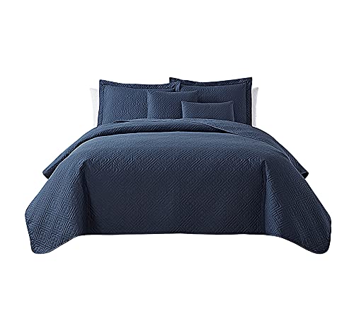 Hearth & Harbor Quilts Twin Size - All Season Bedspread Coverlet Set, Pinsonic Weave Lightweight Bedding Set - 4 Piece Twin Quilt Set with Pillow Shams, Diamond - Navy Hearth & Harbor