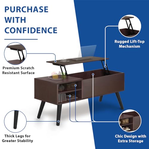 Lifetime Home Lift Top Coffee Table with Hidden Compartment - Modern Living Room Dining Table with Rising Tabletop Lifttop Desk for Apartment, Home, Condo - WoodArtSupply