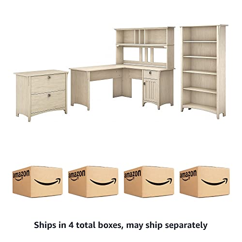 Bush Furniture Salinas 60W Antique White L Shaped Desk Set with Hutch, File Cabinet & Bookcase Bush Business Furniture