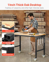 VEVOR Adjustable Workbench, 48-Inch Work Bench with Power Outlet, Wheels, and Pegboard, 2000 lbs Load Heavy Duty Oak Wood Top Work Table for Garage, Workshop, Office, and Home VEVOR