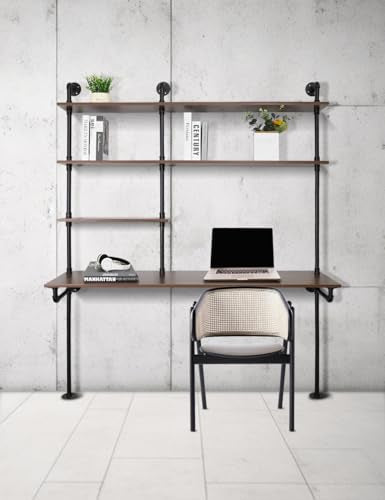 OLDRAINBOW Industrial Pipe Computer Desk with Shelves,Wall Mounted Laptop Desks for Small Spaces,59 inch Bookshelf Narrow Writing Desk with Floating Shelves OLDRAINBOW
