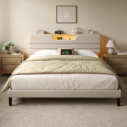 OURPIC King Size Bed Frames with Upholstered Headboard, Modern Platform Bed with Charging Station and Led Lights, Bed Frame with Sturdy Wooden Slats/No Box Spring Needed/2-Tier Storage, Beige OURPIC