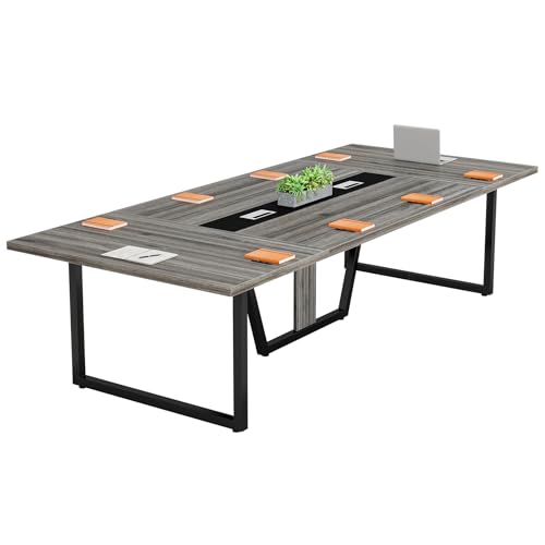 LITTLE TREE 8FT Conference Table for 10 People, Large Meeting Table, Modern Wooden Conference Room Table with Cable Management, Business Style Training Table with Strong Metal Legs for Office, Grey LITTLE TREE