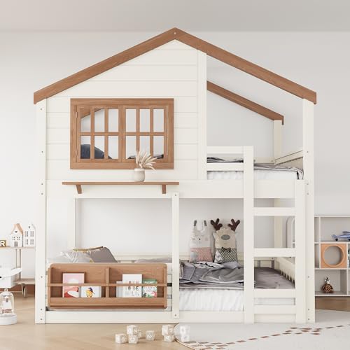 Harper & Bright Designs Full Over Full House Bunk Bed with Window and Roof, Solid Wood Low Bunk Beds with Bookshelf, Ladder and Guardrail, Space Saving for Boys and Girls, Beige & Natural Harper & Bright Designs