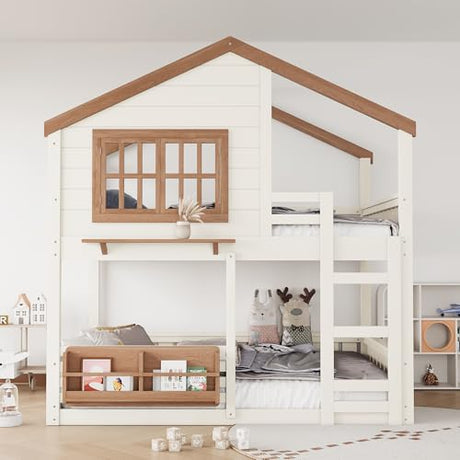 Harper & Bright Designs Full Over Full House Bunk Bed with Window and Roof, Solid Wood Low Bunk Beds with Bookshelf, Ladder and Guardrail, Space Saving for Boys and Girls, Beige & Natural Harper & Bright Designs