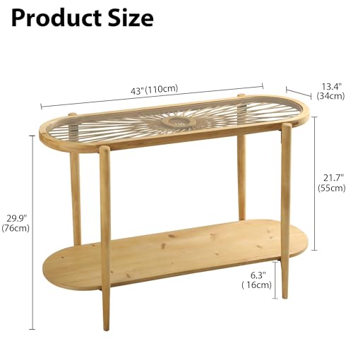 RUSTOWN Rattan Console Table, 2-Tier Boho Entryway Table with Tempered Glass Top and Wood Legs,Mid Century Modern Sofa Table for Hallway, Entryway, Living Room (Natural) RUSTOWN