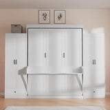 PVWIIK Queen Size Murphy Bed with 2 Wardrobe and Storage Drawer, for Adult,Girls,Boys,Solid Wood Cabinet Bed Frame/Multifunctional Hidden Wall Bed Cabinet,Space-Saving,No Box Spring Needed,White PVWIIK