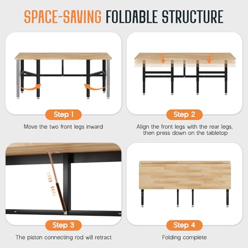 SPECRAFT 72x24 Folding Workbench, Adjustable Foldable Workbench with 2000 LBS Capacity, 30.7"-40" Height, Rubber Wood Top for Garage, Workshop, Office SPECRAFT