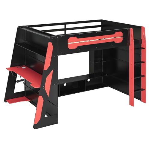 HZXINKEDZSW Full Size Wood Gaming Loft Bed with Desk, Multi-Storage Shelves and Light Strip, Modern Esports Style Bed Frame for Boys Girls Teens Bedroom Apartment Dormitory (Black+Red, Full) HZXINKEDZSW