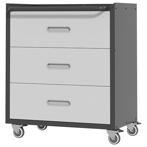 BIZOEIRON Metal Storage Cabinet with Wheels, Rolling Tool Cabinet, Garage Storage Cabinet with 3 Drawer for Tools, Assembly Required (Black/Grey) BIZOEIRON