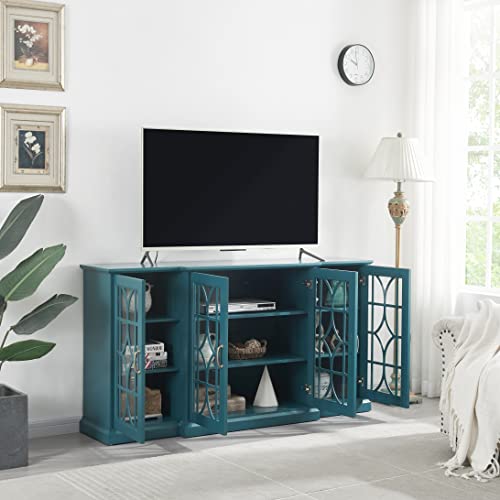 SUPPNEED 63” TV Stand, Storage Buffet Cabinet, Sideboard with Glass Door and Adjustable Shelves, Console Table for Dining Living Room Cupboard, Teal Blue