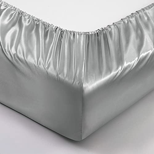 P Pothuiny Satin Fitted Sheet Full Size, 1 Single Fitted Sheet Only, Extra Soft Deep Pocket Bottom Bed Sheets Mattress Cover Fits 12" to 16", Wrinkle Free, Fully Elasticized (Silver Grey) P Pothuiny