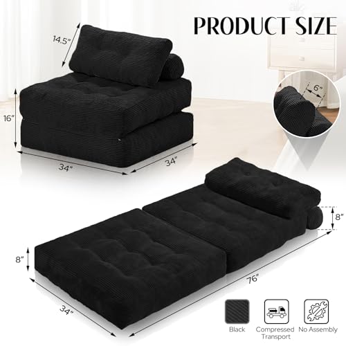 HABUTWAY Folding Sofa Bed, Convertible Sleeper Chair Bed w/Dual-Pillow & Handle, Foldable Floor Sofa Lounge w/Back Support for Living Room, Bedroom, Apartment, Office, Single, Black HABUTWAY