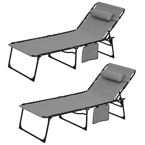 Outsunny Padded Folding Chaise Lounge Chair Outdoor Set of 2, 5-Level Reclining Patio Loungers, Tanning Chairs with Side Pocket, Headrest and Carrying Handle for Beach, Yard, Patio, Gray