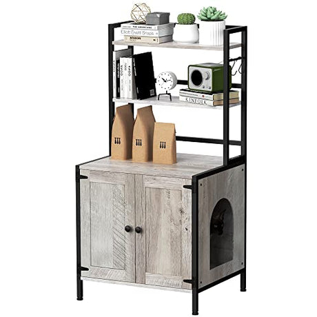 Tohomeor Litter Box Enclosure with Shelves and Doors Vintage Wooden Hidden Cat Litter Box Furniture Industrial Indoor Cat House Washroom Pet Crate Storage Cabinet (Grey) Tohomeor